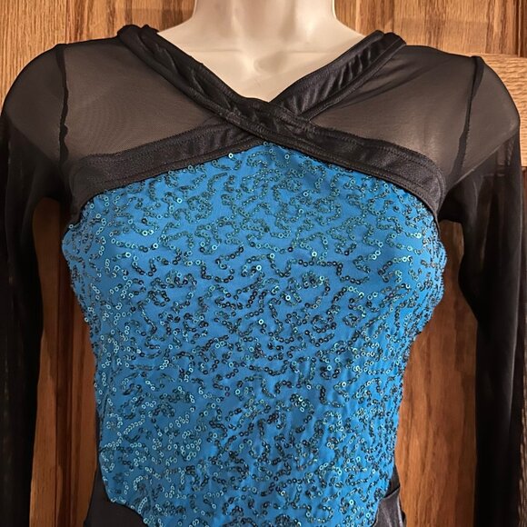 WEISSMAN 12142 Titanium Black Mesh Teal Sequin Biketard Dance Costume Small SA - Picture 3 of 4